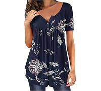 Haut d'été à manches courtes pour femme - Chemisiers amples - Tunique basique Henley - Tunique plissée à manches courtes - Avec boutonnière et col en V - Élégant haut swing avec imprimé floral, Bleu
