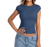 Haut d'été à manches courtes pour femme - Col rond - Coupe ajustée - Côtelé - Couleur unie - Décontracté - Coupe ajustée - Y2K Going Out - Manches courtes - Col rond, O bleu marine, XS