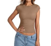 Haut d'été à manches courtes pour femme - Col rond - Coupe ajustée - Côtelé - Couleur unie - Décontracté - Coupe ajustée - Y2K Going Out - Manches courtes - Col rond, O Kaki 2, XL