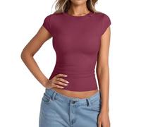Haut d'été à manches courtes pour femme - Col rond - Coupe ajustée - Côtelé - Couleur unie - Décontracté - Coupe ajustée - Y2K Going Out - Manches courtes - Col rond, O rouge brique, XXL