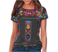 Haut d'été bohème mexicain décontracté tendance imprimé confortable chemisier pour femme tendance à manches courtes élégant col rond t-shirts plage extérieur salon sortie fête bohème tunique t-shirts