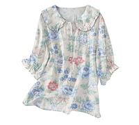 Haut d'été bohème pour femme, nuisette Y2k à volants à manches 3/4, col claudine, chemisier boutonné vintage décontracté, Z03-bleu clair, L