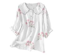 Haut d'été bohème pour femme, nuisette Y2k à volants à manches 3/4, col claudine, chemisier boutonné vintage décontracté, Z03-blanc, S