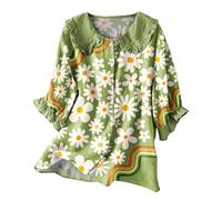 Haut d'été bohème pour femme, nuisette Y2k à volants à manches 3/4, col claudine, chemisier boutonné vintage décontracté, Z05-vert, M
