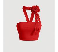 Haut D'été Court Rouge, Détail Rosette 3d Et Bretelles Autour Du Cou Pour Une Soirée En Couple L,M,S,XL,XS,XXL,XXSUnicoloreTissu en tulle