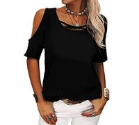 Haut d'été décontracté à épaules dénudées pour femme - Col rond - À lacets - Couleur unie - Pour l'été, a-noir, M