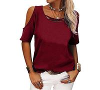 Haut d'été décontracté à épaules dénudées pour femme - Col rond - À lacets - Couleur unie - Pour l'été, F-Wine Red, XL