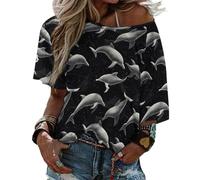 Haut d'été surdimensionné avec imprimé dauphins noirs à épaules dénudées pour femmes, t-shirts graphiques surdimensionnés pour femmes, Style-37, L