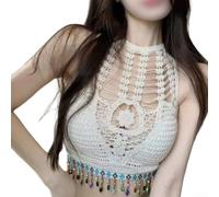 Haut dos nu d'été pour femme avec décolleté Boho Vacances Crop Top taille unique 40-62 kg (blanc - avec perles taille unique)