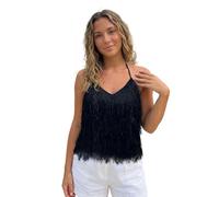 Haut dos nu en peluche avec pompons réglables et bretelles spaghetti sans manches dos ouvert couleur unie coupe ajustée gilet, Noir , M