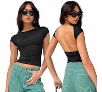 Haut Dos Nu Femme Chic Backless, Top Ete Y2k Streetwear Mode Court, Crop Top Femme Sexy Slim Fit, T-Shirts à Manches Courtes Col Rond Décontractée Couleur Unie Style RéVersible