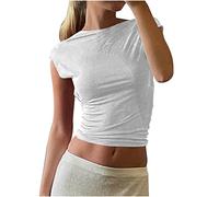 Haut Dos Nu Femme Manche Courte T-Shirt d'été Tops Dos Nu Y2k Crop Top Sexy Backless T-Shirt Ajusté Slim Fit Haut Chic Décontractée Col Rond Couleur Unie Portable Devant et Derrière