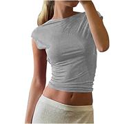 Haut Dos Nu Femme Manche Courte T-Shirt d'été Tops Dos Nu Y2k Crop Top Sexy Backless T-Shirt Ajusté Slim Fit Haut Chic Décontractée Col Rond Couleur Unie Portable Devant et Derrière