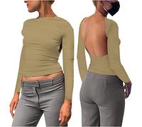 Haut Dos Nu Femme Manche Courte T-Shirt d'été Tops Dos Nu Y2k Crop Top Sexy Backless T-Shirt Ajusté Slim Fit Haut Chic Décontractée Col Rond Couleur Unie Portable Devant et Derrière