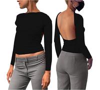 Haut Dos Nu Femme Manche Courte T-Shirt d'été Tops Dos Nu Y2k Crop Top Sexy Backless T-Shirt Ajusté Slim Fit Haut Chic Décontractée Col Rond Couleur Unie Portable Devant et Derrière