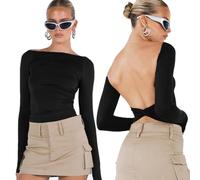 Haut Dos Nu Femme Manche Longue T-Shirt Crop Top Femme Sexy Backless T-Shirt Ajusté Slim Fit Haut Chic Décontractée Col Rond Sweatshirt Haut de Mode Couleur Unie Tops (Noir S)