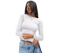 Haut Dos Nu Femme Manches Longues Y2k Crop Top col Rond Elégante Mode T-Shirt d'été Ajusté Slim Fit Basiques Haut Court Couleur Unie Chic Décontractée Chemisier