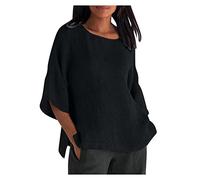Haut en coton et lin à manches 3/4 pour femme - Tunique unie fendue sur le côté - Pull à col rond - Chemisier d'été pour femme - Grande taille - T-shirt respirant - T-shirt léger pour la plage et la