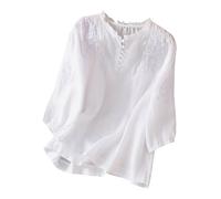 Haut en Coton et Lin brodé à Manches 3/4 pour Femmes, t Shirt Artistique rétro en Coton et Lin, Ample décontracté, Polyvalent T Shirts Surdimensionnés pour Femmes Shirt Graphique Cher (White, XL)