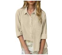 Haut en coton et lin pour filles, chemise surdimensionnée à manches longues et col en gaze pour adolescente, chemisier à manches retroussables avec poches, joli haut pour filles, beige, 11-12 ans