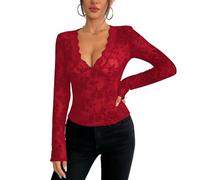 Haut en Dentelle À Col V pour Femme Manches Longues Blouse Sexy en Résille Transparente Chemise Chic et Élégante en Dentelle Florale Tunique Moulante Rouge Taille M