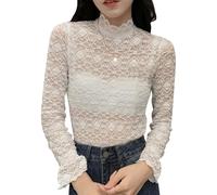 Haut en dentelle à fleurs - Manches longues - Col montant - En maille - Sous-vêtements - Chemisier sexy et fin - Hauts de loisirs - Noir, Blanc., XL