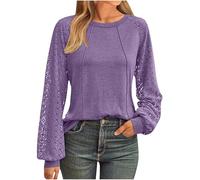 Haut en dentelle ajourée patchwork à manches longues pour femme - T-shirt plissé uni - Léger et respirant - Pull élégant - Pull de printemps - Tenue décontractée, 1 x violet, 42