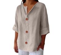 Haut en lin à manches 3/4 pour femme - Col en V - Manches mi-longues - Décontracté - Ample - Vacances - Plage - Couleur unie - Tunique - T-shirts en étamine - Cadeaux essentiels au quotidien, 02 Kaki