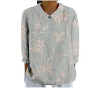 Haut en lin à manches longues pour femme - Tuniques de mariage en lin - Haut à manches 3/4 - T-shirt d'été décontracté à col en V pour femme - Imprimé floral - Tunique quotidienne, 01-a-bleu ciel, M