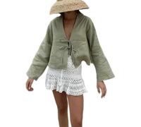 Haut en lin à nouer sur le devant pour femme - Chemise coquette Y2K à manches longues et col en V profond - Chemisier ample d'été décontracté vintage bohème pour les vacances, la plage, les sorties,