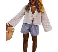Haut en lin à nouer sur le devant pour femme - Chemise coquette Y2K à manches longues et col en V profond - Chemisier ample d'été décontracté vintage bohème pour les vacances, la plage, les sorties,