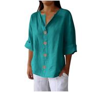 Haut en lin pour femme - Chemises de travail en coton et lin - T-shirt à manches longues - Coupe ample - Tunique unie à boutons - Col en V - T-shirt bohème grande taille pour sortir, bleu marine, S