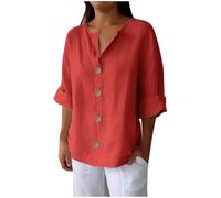 Haut en lin pour femme - Chemises de travail en coton et lin - T-shirt à manches longues - Coupe ample - Tunique unie à boutons - Col en V - T-shirt bohème grande taille pour sortir, 06 Rouge, S