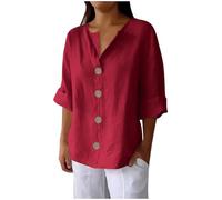 Haut en lin pour femme - Chemises de travail en coton et lin - T-shirt à manches longues - Coupe ample - Tunique unie à boutons - Col en V - T-shirt bohème grande taille pour sortir, Rouge (02), XXL
