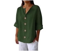 Haut en lin pour femme - Chemises de travail en coton et lin - T-shirt à manches longues - Coupe ample - Tunique unie à boutons - Col en V - T-shirt bohème grande taille pour sortir, 02 Vert armée