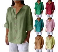 Haut en lin pour femme - Chemises de travail en coton et lin - T-shirt à manches longues - Coupe ample - Tunique unie à boutons - Col en V - T-shirt bohème grande taille pour sortir, vert militaire, M