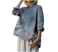 Haut en lin pour femme - Chemisier d'été à manches longues - Style chinois - En bambou - Imprimé classique - Tendance - Polyvalente - Couleur unie - Chemisier de travail, 01 Bleu marine, XL