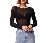 Haut en maille à manches longues pour femme - Haut sexy pour femme - Haut en maille stretch transparent - T-shirt tendance - Col rond - Pull élégant - Coupe ajustée - Pull en maille