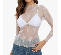 Haut en maille en dentelle à manches longues pour femme - Pull élégant et décontracté pour invitées de mariage, rendez-vous galant, soirée - Couleur unie S-XL (blanc, M)