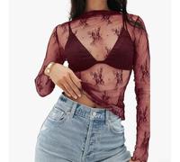 Haut en maille en dentelle à manches longues pour femme - Pull élégant et décontracté pour invitées de mariage, rendez-vous galant, soirée - Couleur unie S-XL (rouge vin, XL)