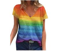 Haut en maille pour femme mode été décontracté col en V imprimé arc-en-ciel haut à manches courtes femme t-shirt femme pull d'équitation femme, Orange, S