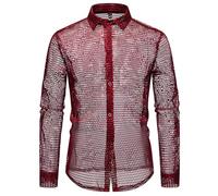 Haut en maille pour homme - Chemise à manches longues - Costume de fête disco des années 70 - Boutonné - Brillant - Transparent - Chemise en dentelle sexy et respirante, O rouge., S