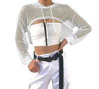 Haut en résille pour femme - Manches longues - Crop Top See Through Mesh - Sexy - Transparent - Avec capuche ouvert sur le devant - Creux - Pull court - Pour fête, club, plage, Blanc., M