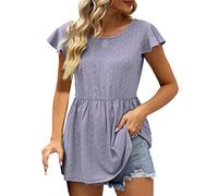 Haut en soie - Haut péplum tendance pour femme - Tunique surdimensionnée à manches courtes avec col rond et dos ouvert - Pull arc-en-ciel pour femme, lilas, L