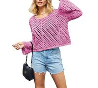 Haut en Tricot Au Crochet À Manches Longues pour Femme, Pull Déchiré avec Trou Creux, Pull en Résille, Chemise Streetwear, Pull Surdimensionné en Tricot Doux pour Femme, Rose Rouge, M