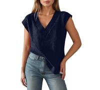 Haut en tricot sans manches pour femme avec col en V - Pull décontracté en maille côtelée avec ourlet asymétrique - Haut moderne pour un look superposé, Style_z03 bleu marine, S