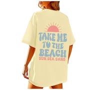 Haut enveloppant, T-shirts graphiques pour femmes Vintage Baggy Chemises esthétiques d'été Coton Vacances Hauts Pulls Asymétrique, Jaune clair., XXL