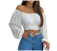 Haut Epaule Nue Branché Elastique Chemise à épaules dénudées pour Femme Clubbing D'été Bolero Mince À Fleurs Chemisier sans Bretelles Manche Cloche Chemise à épaules dénudées Femme 02-blanc XL