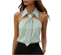 Haut Femme Chic avec Col Revers et Nœud de Cravate Design Original Top Halter sans Manches Dos Nu Blouse Bicolore Élégante Débardeur Ajusté pour Soirée Bureau Été