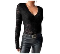 Haut Femme Chic en Dentelle Transparente à Manches Longues avec Motif Floral Chemisier Élégant Blouse Sexy pour Soirée Party Clubwear Tenue de Fête Slim Fit Décolleté V pour Automne et Hiver (XL)